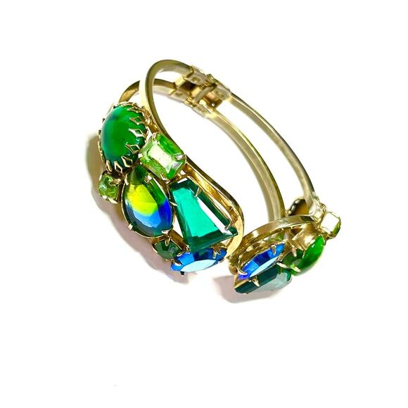 Julianna Bracelet & Clip Earrings Givre Blue Green Gold Hinged Bangle S15 - Picture 6 of 12